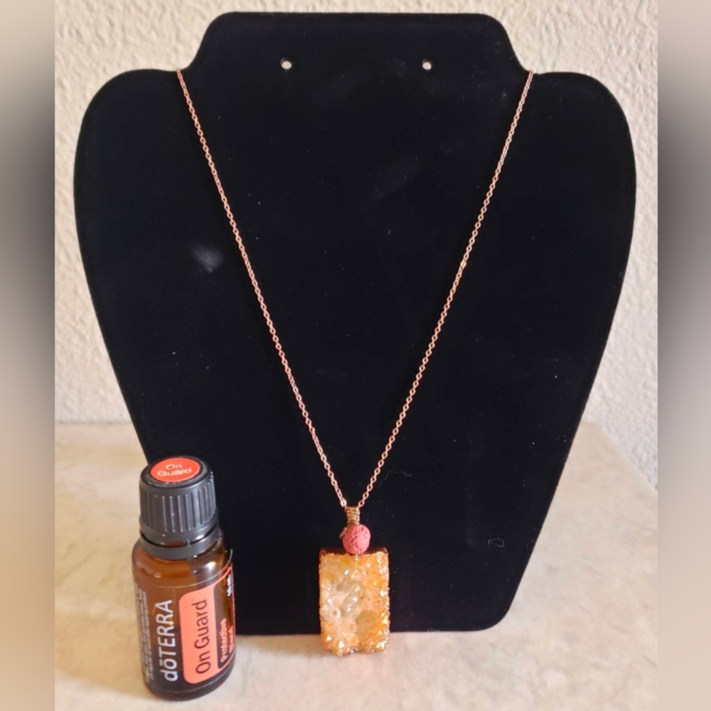 HANDMADE"Just Peachy"Quartz Druzy pendant wire wrapped doTERRA On Guard oil